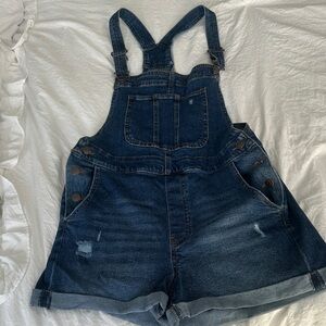 No Boundaries Dark Distressed Denim Short Overalls
